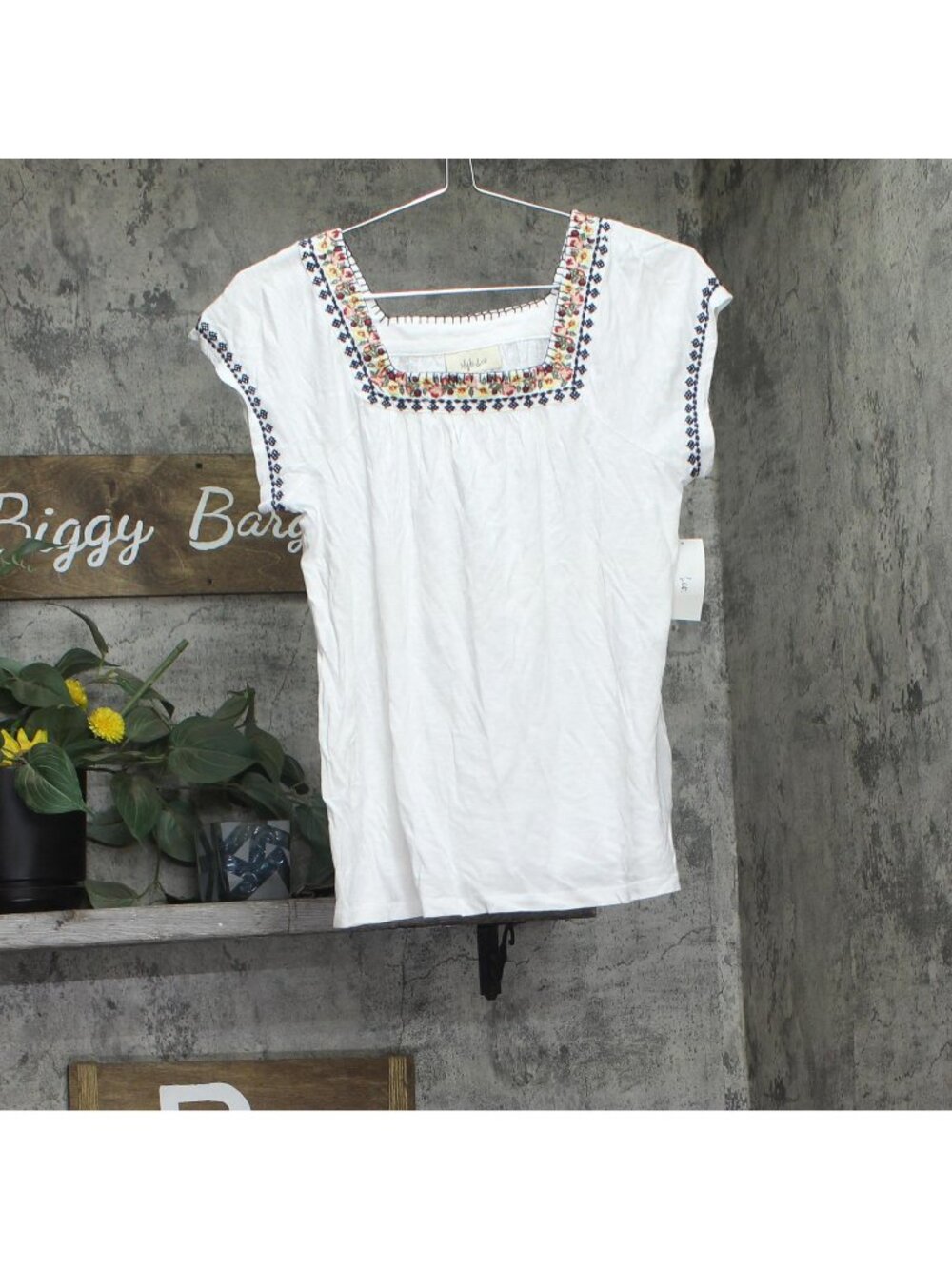 Style & Co. Womens Embroidered Flutter-Sleeve Top Bright White Multi S